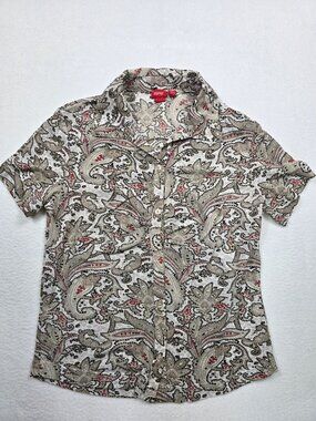 Esprit Womens Paisley Print Button-Up Ruched Front Short Sleeve Shirt Size L Y2K